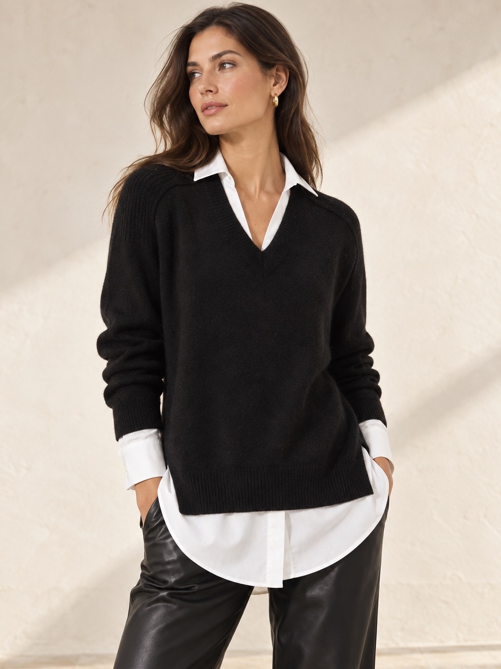 NEW Brochu Walker The Looker Layered V-Neck Wool Cashmere Sweater Black Onyx
